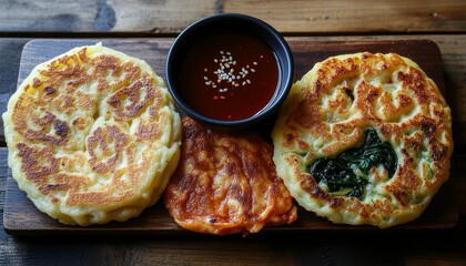 A close-up shot of three savory Korean pancakes, including potato and kimchi varieties, served with a spicy dipping sauce on a rustic wooden board.