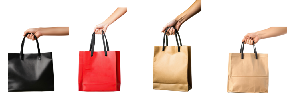 Hands holding various colored shopping bags against a white background.