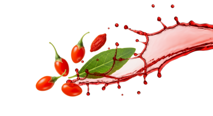 Fresh red goji berries and a vibrant green leaf creating a dynamic splash of antioxidant-rich juice isolated on a clean white background