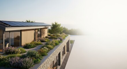 Sustainable modern house with a rooftop garden and solar panels design