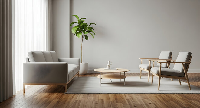 A cozy minimalist interior featuring a modern sofa, chairs, and a coffee table with a plant, creating a serene living space