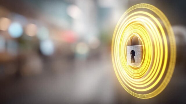 Digital Security: A glowing digital lock, representing online security, with concentric circles of light radiating outwards, against a blurred background.