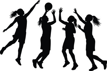 Silhouette of female basketball players jumping, shooting, defending, and passing ball, dynamic vector illustration showing women sports activity, teamwork, and athletic energy concept.