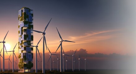 Sustainable skyscraper integration with wind turbines and sunset sky scene