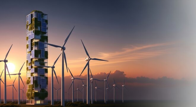 Sustainable skyscraper integration with wind turbines and sunset sky scene