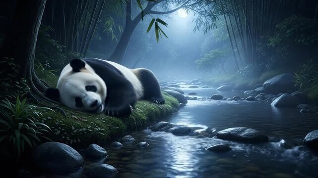Giant Panda Peacefully Sleeping Beside a Calm Stream in Misty Bamboo Forest Serenity