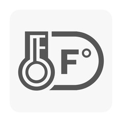 Thermometer with embedded F letter vector icon, representing Fahrenheit temperature measurement. Ideal for HVAC systems, remote controls, weather apps and scientific temperature readings.