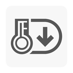 Minimalist thermometer with downward arrow, symbolizing reduced heat or cooling mode. Ideal for vehicle dashboards, climate control interfaces, remote controls, and air-conditioning system graphics.