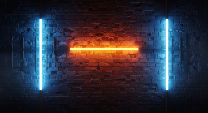 Neon Brick Wall Background: Blue and Orange Glowing Lights for Gaming or Retro Backdrop.