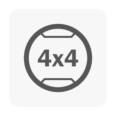 4x4 vector illustration icon on round button, featuring clean and minimalist design symbolizing off-road mode selection, traction control, rugged driving capability and powerful performance.