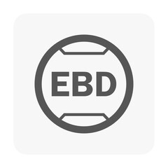 EBD mark icon on circular button, a minimalist vector design representing electronic brakeforce distribution control for vehicle safety, dashboard displays, and UI indicators.