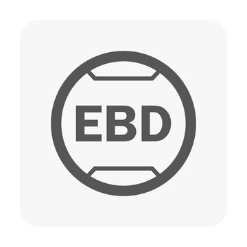 EBD mark icon on circular button, a minimalist vector design representing electronic brakeforce distribution control for vehicle safety, dashboard displays, and UI indicators.