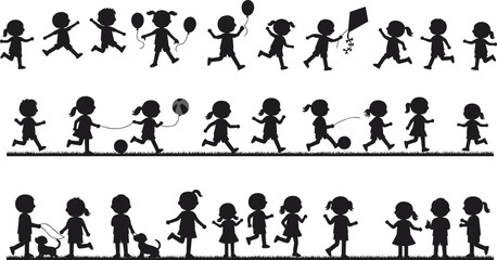 Silhouette of happy children playing outdoors, running, walking dogs, flying kites, jumping rope and holding balloons, joyful kids activity vector illustration design