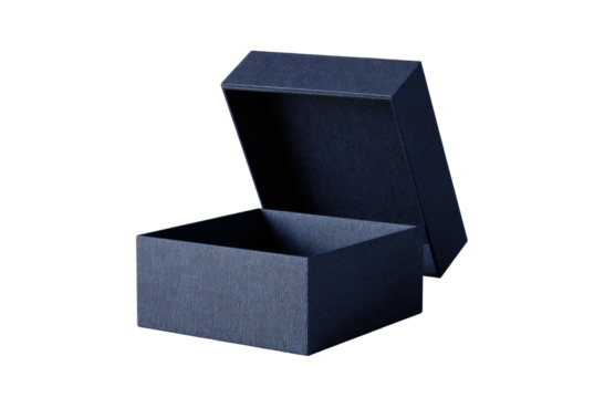 Opened navy box with lid angled back, dark backdrop
