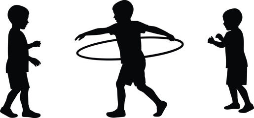 Silhouette of happy children playing together with hula hoop, active kids outdoor fun, childhood activity concept, summer leisure, family entertainment vector illustration