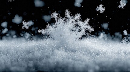 A close-up view of intricate ice crystals and snowflakes suspended and falling against a dark, blurred background, suggesting a winter scene.