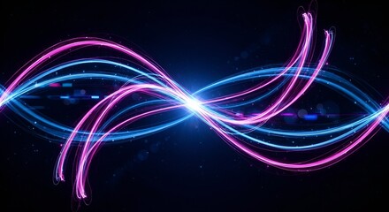 Elegant abstract background with flowing pink and blue light streaks on dark backdrop
