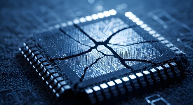 Close-up of a glowing blue microchip embedded in detailed circuitry, representing modern computing and digital technology. - Powered by Adobe