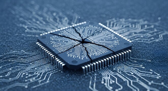Detailed macro of a microchip on a blue circuit board, highlighting digital structure and modern electronic technology.