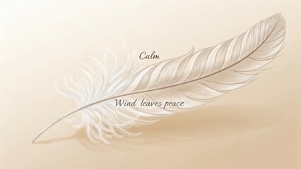 Soft white feather on a smooth background with inspirational words representing tranquility and peace in nature's beauty