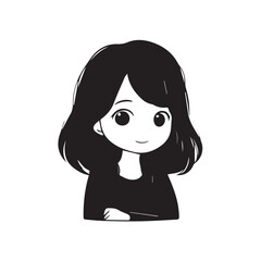 Beautiful Kawaii Girl Black and White Vector Illustration in Cute Simple Line Art Style