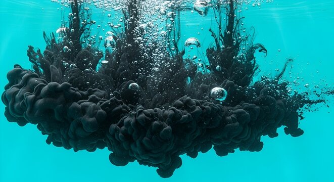 Submerged Ink Cloud with Bubbles in Turquoise Water Creating Abstract Visual