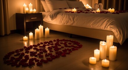 Romantic bedroom with candles and rose petals