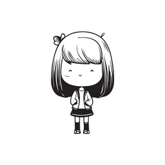 Beautiful Kawaii Girl Black and White Vector Illustration in Cute Simple Line Art Style