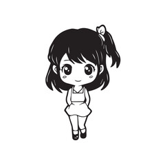 Beautiful Kawaii Girl Black and White Vector Illustration in Cute Simple Line Art Style