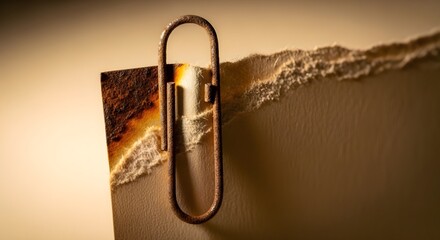 Macro close-up of a rusty metal clip attached to rough torn paper, emphasizing vintage texture and warm tones.