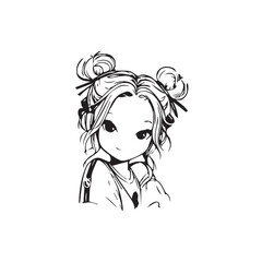 Beautiful Kawaii Girl Black and White Vector Illustration in Cute Simple Line Art Style