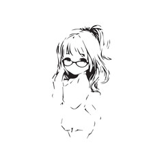 Beautiful Kawaii Girl Black and White Vector Illustration in Cute Simple Line Art Style