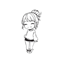 Beautiful Kawaii Girl Black and White Vector Illustration in Cute Simple Line Art Style