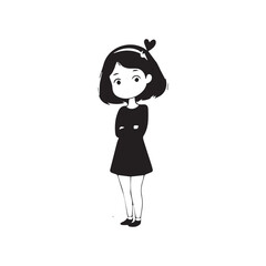 Beautiful Kawaii Girl Black and White Vector Illustration in Cute Simple Line Art Style