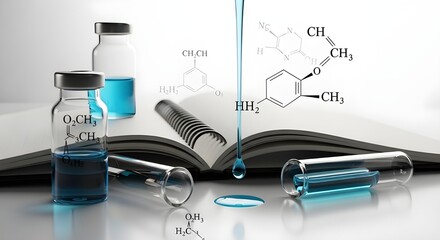 Scientific setup with vials of blue liquid and chemical formulas, representing research, experimentation, and medical science.