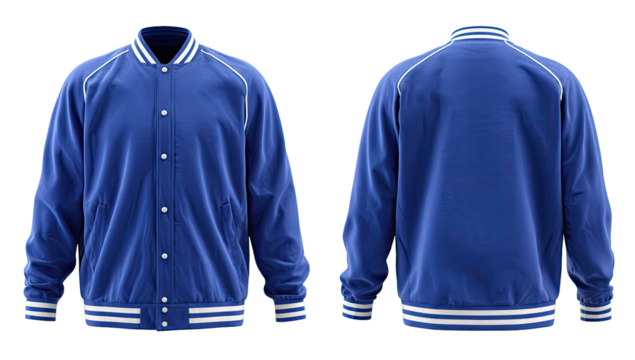 Royal blue bomber jacket, front and back views (1)