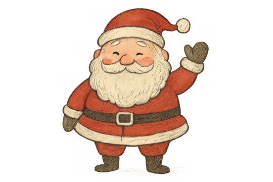 Santa claus cartoon character smiling and waving, personifying holiday cheer and christmas spirit with a transparent background