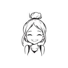 Beautiful Kawaii Girl Black and White Vector Illustration in Cute Simple Line Art Style
