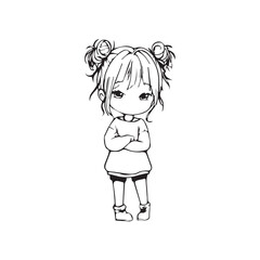 Beautiful Kawaii Girl Black and White Vector Illustration in Cute Simple Line Art Style