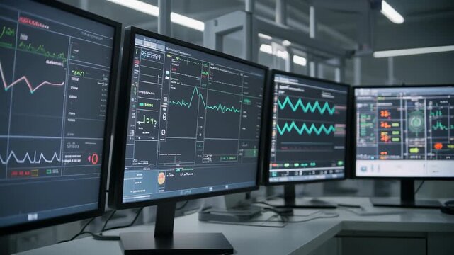 Four computer monitors displaying complex data graphs and charts in a modern control room or data analysis center. - Powered by Adobe