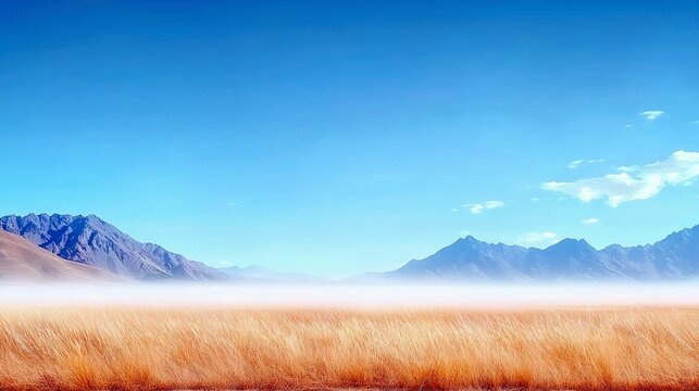 A wide, golden field of dry grass stretches towards a range of misty, blue mountains under a bright, clear blue sky.