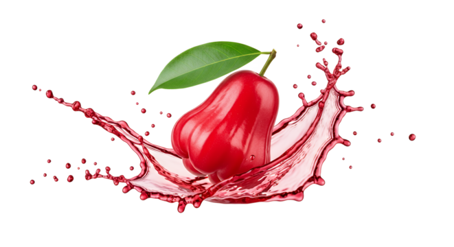 Rose apple with splash, ripe exotic fruit with leaf and pink juice on white background