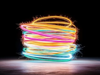 A coil of multi-colored neon light trails with sparks against a dark background.