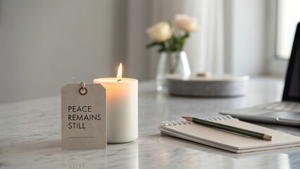 Tranquil Home Workspace with Candle, Notepad, and Fresh Flowers for a Calm Atmosphere