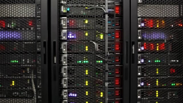 Close-up view of multiple server racks with blinking indicator lights in a data center environment.