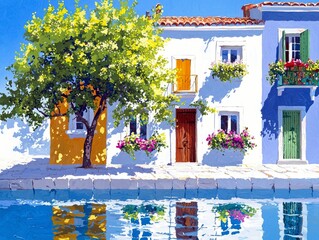 A vibrant scene of traditional Mediterranean houses with colorful doors and flower boxes, reflected in calm blue water under a bright sky.