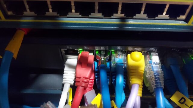 Close-up footage of a UTP network cable being plugged into a router switch port with green LED indicators blinking, showing active data connection and modern networking infrastructure.