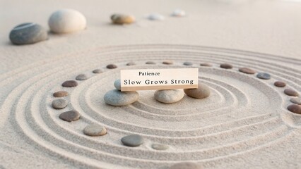 Tranquil Zen Garden with Pebbles and Inspirational Message on Patience for Mindfulness and Relaxation Practices
