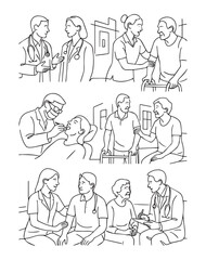 Continous line of Various medical professionals like as doctors, dentists, physical therapists