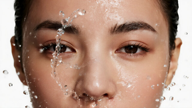 A technically perfect photograph captures water splashing dramatically against a woman's lower face with sharp clarity isolated on a white background
